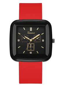 1 件 Lassic 方形石英表硅胶表带锌合金指针锌合金表壳三个小表盘运动手表男女款