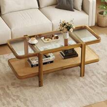 Giantex Rattan Coffee Table 47.5" Rectangle Solid Wood With Tempered Glass Top And PE Rattan Storage Shelf Boho Farmhouse Design