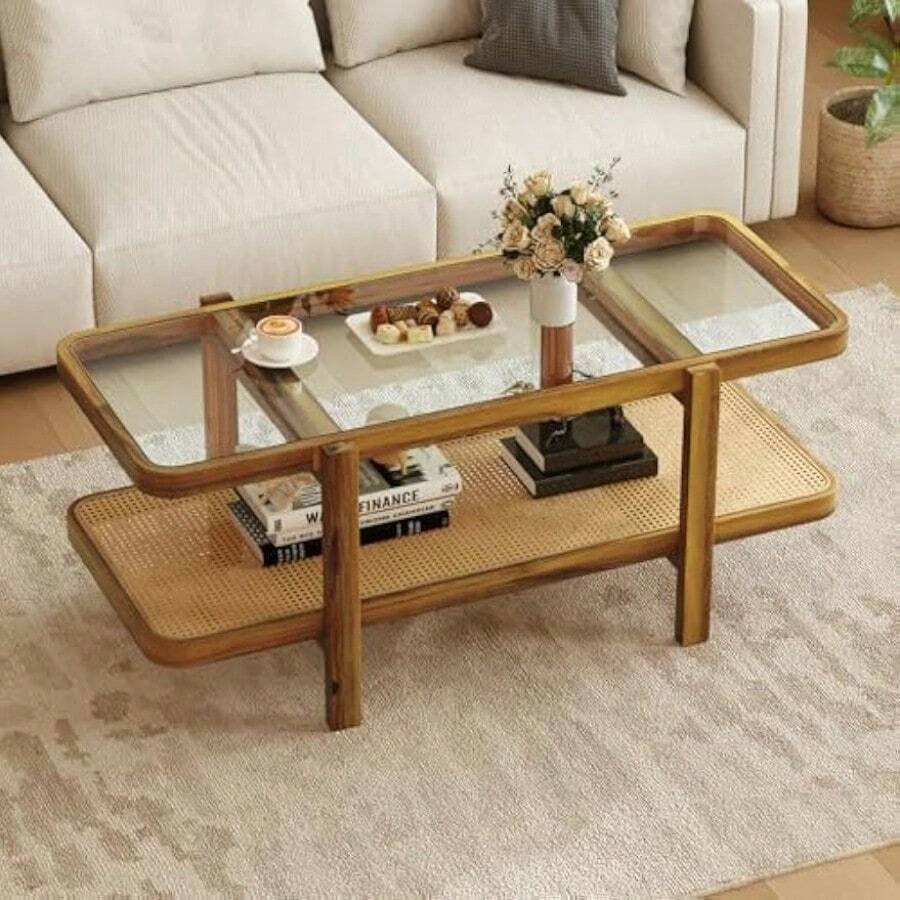 Giantex Rattan Coffee Table 47.5" Rectangle Solid Wood With Tempered Glass Top And PE Rattan Storage Shelf Boho Farmhouse Design