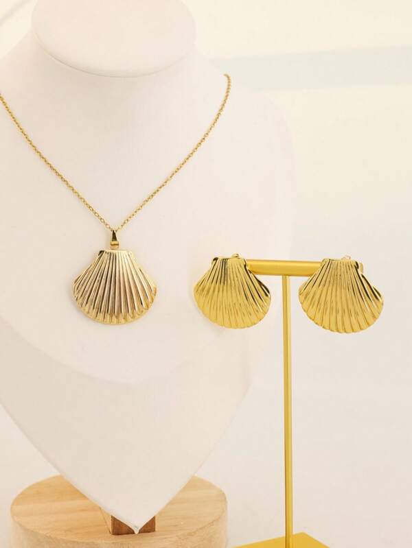 3 Pcs/Set Fashion Shell Pendant Jewelry Set, Ocean Series Stainless Steel Jewelry Set, Beach Necklace Earrings, Stainless Steel Jewelry Including Necklace And Earrings, Suitable For Women's Daily Wear
