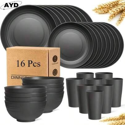  32/16pcs Wheat Straw Dinnerware Sets, Plates And Bowls Sets For 8, Black Plastic Dinnerware Sets, Microwave Dishwasher Plates, Dishes Set For 8 For Valentine'S Day, Durable Party Tableware Kit For Gifts  Brand: AYD