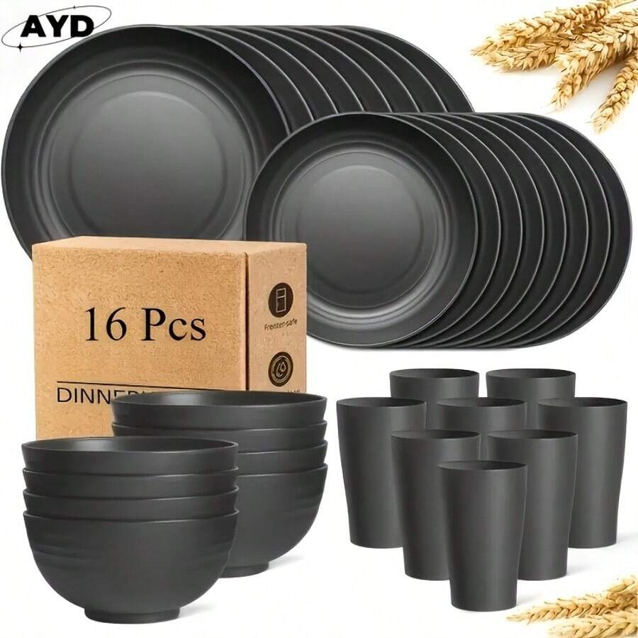 32/16pcs Wheat Straw Dinnerware Sets, Plates And Bowls Sets For 8, Black Plastic Dinnerware Sets, Microwave Dishwasher Plates, Dishes Set For 8 For Valentine'S Day, Durable Party Tableware Kit For Gifts  Brand: AYD - 黑色 - 查看 1
