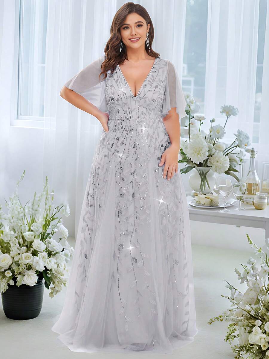 Plus Size Elegant Sequin Ruffle Sleeve Formal Silver Dress, Summer Party Dress