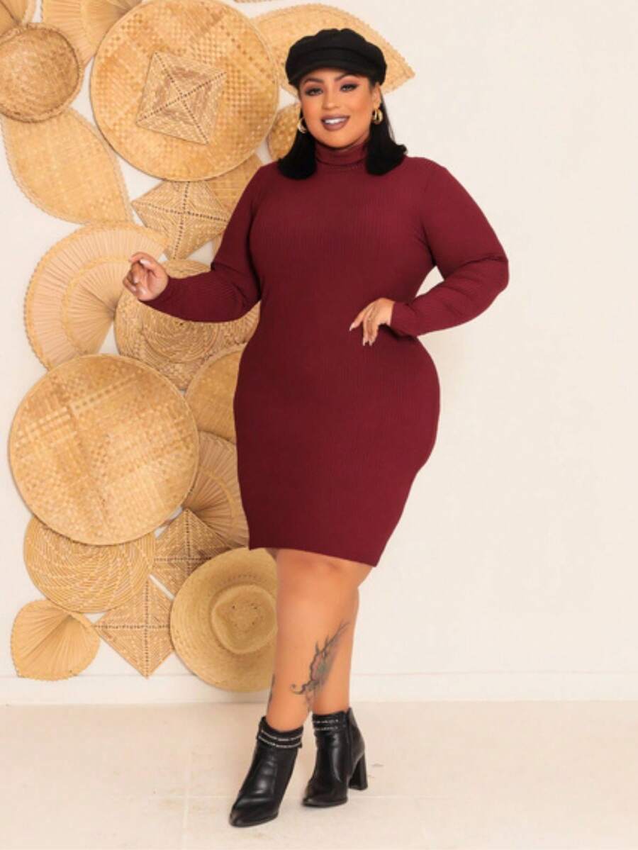 Women's Plus Size Dress Long Sleeve High Neck Elegant Premium Ribbed Fabric - Burgundy - View 1