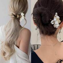 1 件新中式白茉莉花和仿珍珠 U 形发夹，适合旗袍、汉服、传统日常发型，手工制作复古优雅时尚多功能发饰、发饰、发夹、发髻延长器、发髻制作器、发髻发片、发型夹