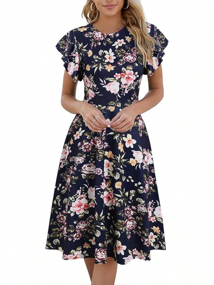 Women's Semi-Formal Ruffle Sleeve V-Back Work Fit And Flare Cocktail Knee Length Dress With Pockets, 2025 Style - Navy Floral - 查看 1