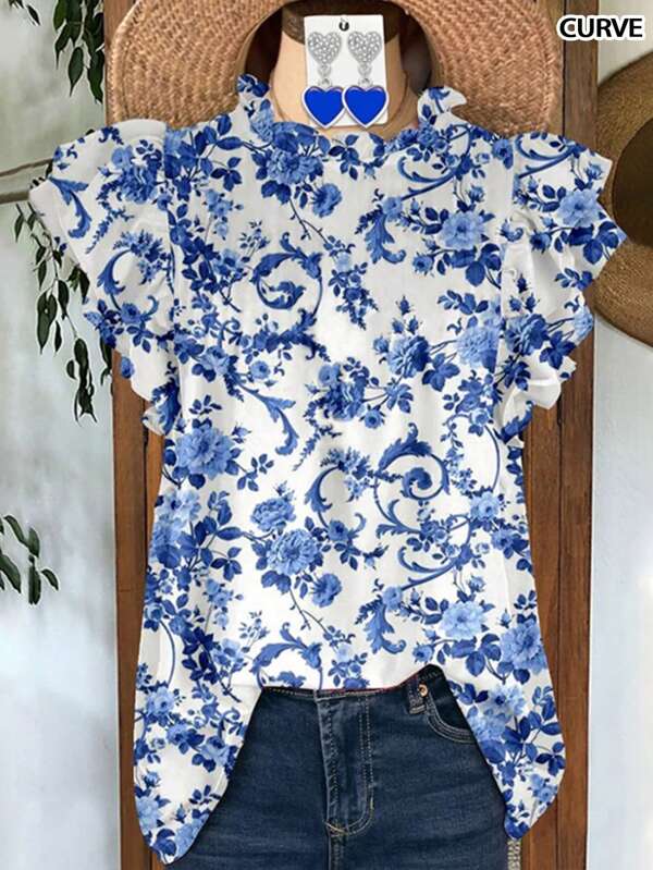 Vacation Floral Pattern Fashion Women Casual Comfortable Short-Sleeved Ruffled Loose-Fitting Plus Size Blouse,Summer