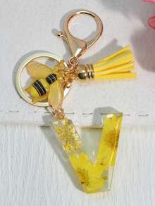 1 件首字母钥匙扣，带粉色可爱雏菊干花，女孩/女士包包吊坠装饰，带流苏配饰背包，适合学校汽车配饰哥特 Y2k - 黃色 - 查看 29