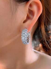 1 Pair Dubai Yellow Gold Plated Big Round Micro Pave CZ Heart Tennis Hoop Earrings, Women Silver Plated Cubic Zirconia Jewelry Accessories For Brides, Engagement, Wedding, Banquet, Party, Or Mother's Christmas Gift
