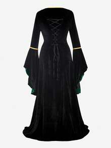 Women's Renaissance Costume  Medieval Dress Velvet Queen Dresses Victorian Vintage Halloween Cosplay - 黑綠色 - 查看 4