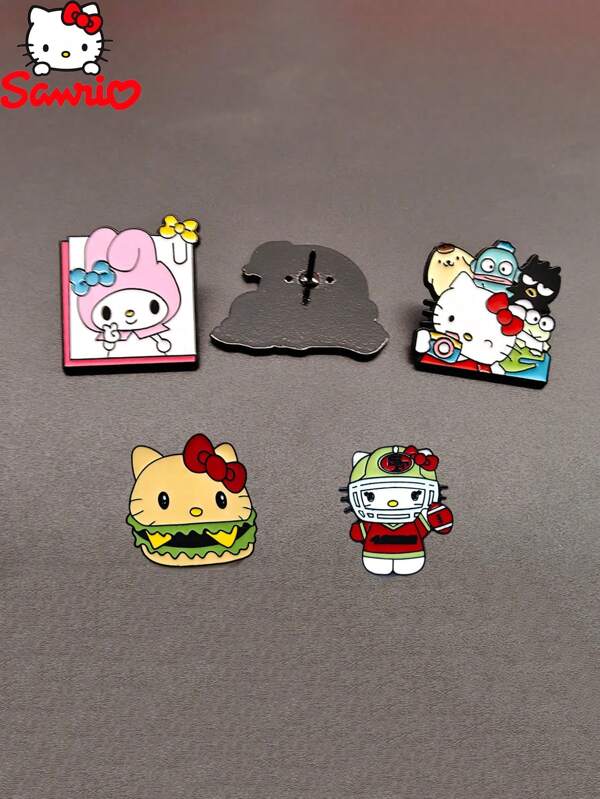 Sanrio 5 peças, novo trio de broches de liga metálica com distintivos de desenho animado da Hello Kitty, acessórios decorativos, mochila com broche de esmalte fofo para escola