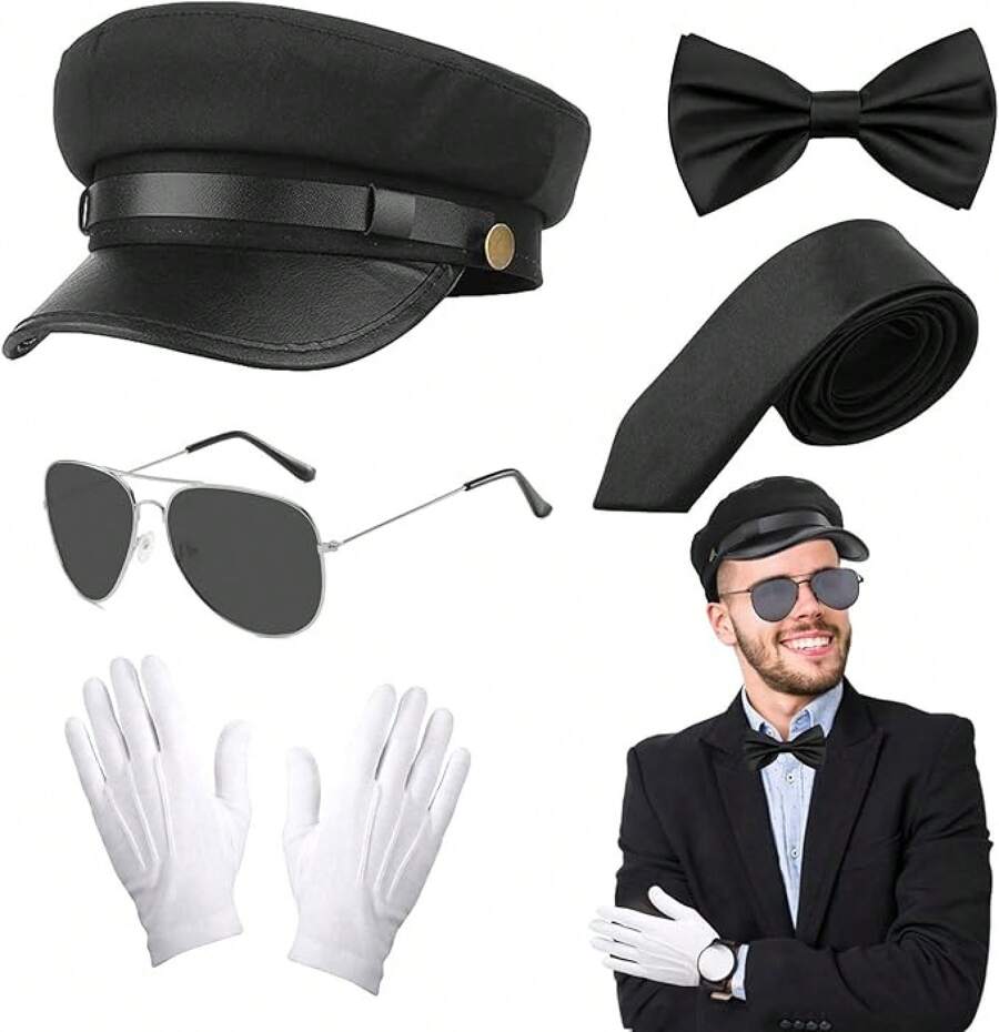 5-Pack Chauffeur Costume Accessories, Limousine Driver Costume Set With Black Chauffeur Hat, Sunglasses, Bow Tie, Gloves For Adults, Cosplay, Party, Limousine Theme Party - Black - View 1