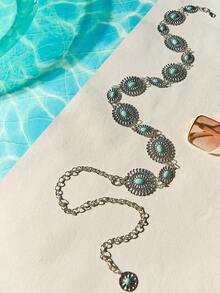 Tropiscape 1pc Women Bohemia Turquoise & Flower Decor Chain Belt For Dress Decoration Boho Vacay Vibes Vacation Relax Beach Autumn Winter Gifts - Silver - View 4