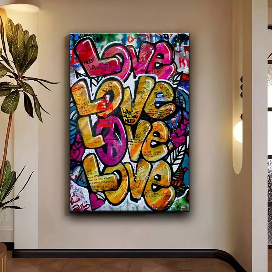 1 Pieza Marco de Madera Pintura en Lienzo Póster de Arte, Graffiti de Amor Callejero, Sabor Artístico, Adecuado para Decoración de Oficina, Pasillo, Hogar, Sala de Estar, Colgante de Pared Popular, Regalo de San Valentín - Multicolor - Ver 1