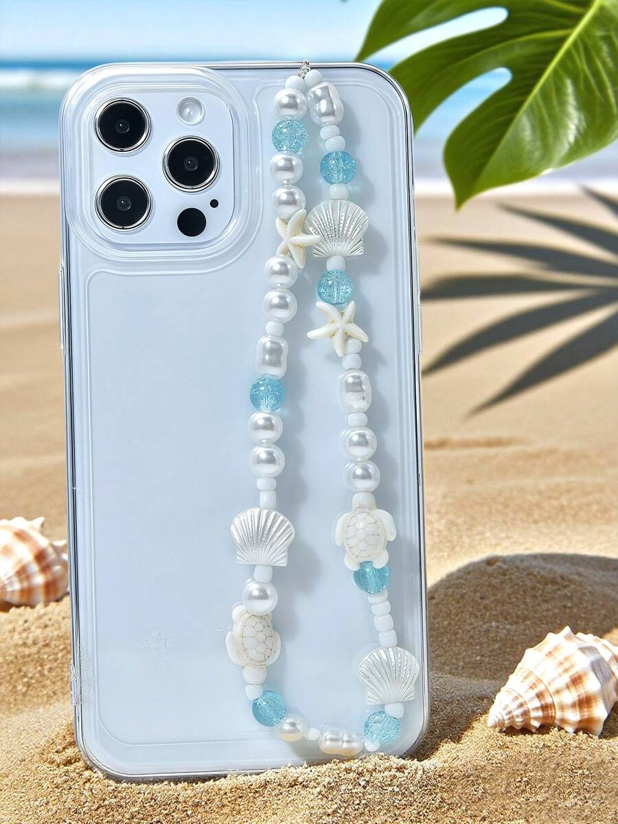 1pc Summer Vacation Style White Faux Pearl Starfish Shell Beaded Smart Phone Chain/Lanyard - Multicolor - View 1