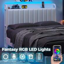Queen Size Headboard With LED Lights & Charging Outlet, Faux Leather Upholstered Headboard, Cream-White, Fits Queen Beds, Queen Size Headboard Only, Modern Design For Bedroom Decor. - None - View 5