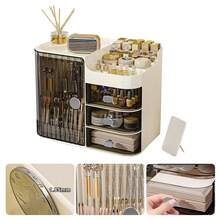 NetHong Large Capacity Cosmetic Storage Box With Mirror Makeup Organizer Skincare Jewelry Storage Box For Bedroom Bathroom Desk Table Tidy Holiday Essentials - White - View 6