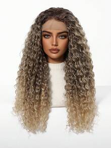 13*3.5 高清蕾丝前假发 22 英寸棕色渐变卷曲合成发 - 中分/侧分波浪假发，优雅自然发际线，柔软，适合日常、角色扮演、派对万圣节服装