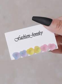 6 Pairs Fashion Resin Pentagonal Star, Heart, Teddy Bear Element Stud Earrings Set, Suitable For Women's Daily Wear, Music Concerts, Gatherings, Party Outfits, Gifts
