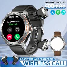 EIGIIS Montre connectée pour hommes au style sport d'affaires, avec boutons mécaniques, écouteurs intra-auriculaires intégrés, confortable à porter, appels sans fil (réception/émission d'appels), batterie grande capacité de 400 mAh, autonomie de batterie super longue, écran rond de 1,52 pouces, plus de 100 modes sport, prévisions météorologiques, rappel de message, compatible avec les téléphones Android et iOS, 3 bracelets de montre