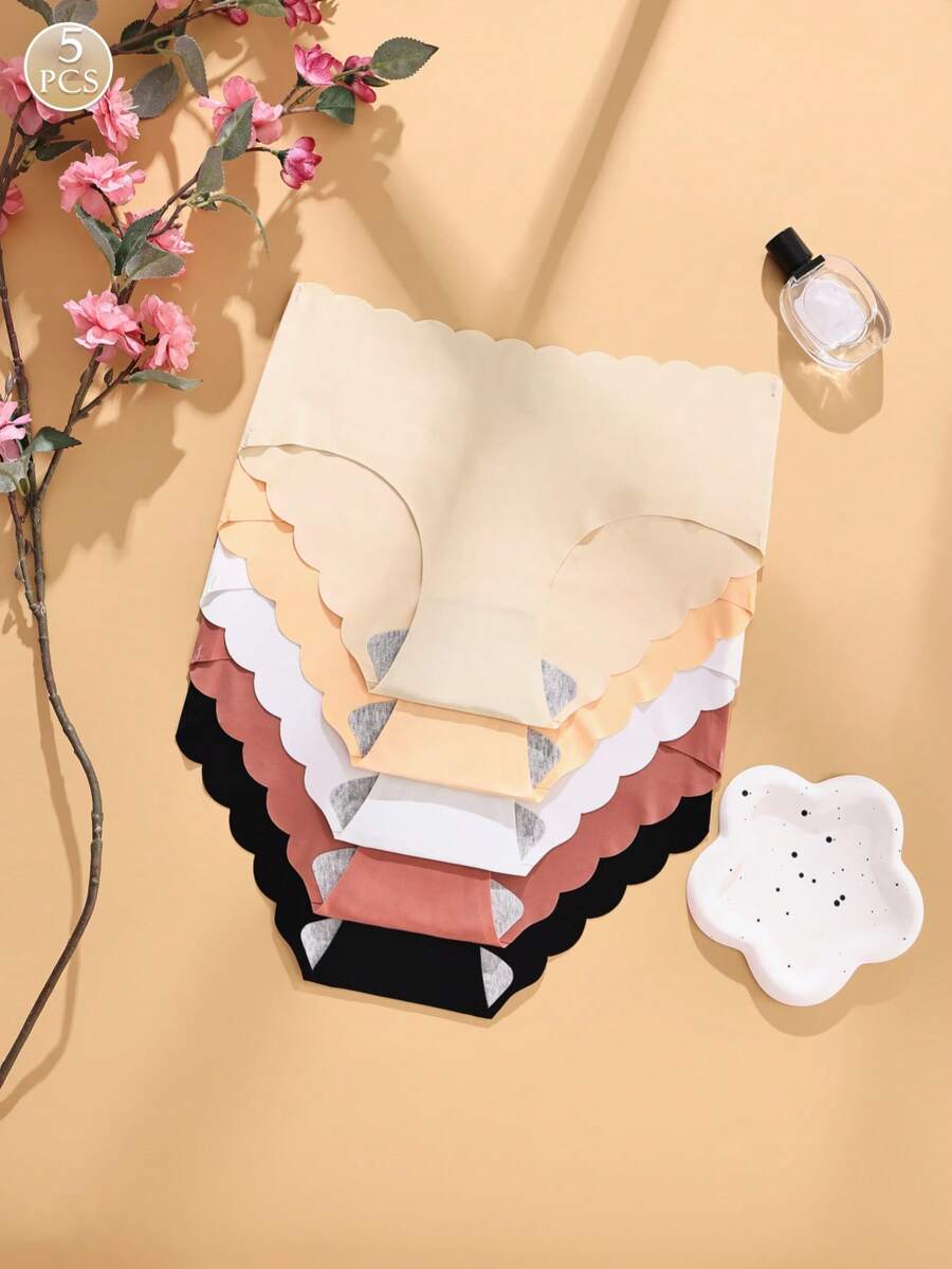 5 chiếc/gói Quần lót nữ cạp thấp, thiết kế viền lượn sóng - Chất liệu mềm mại, co giãn, màu trơn, thoải mái khi mặc hàng ngày, quần lót thường ngày. - Nhiều màu - Xem 1