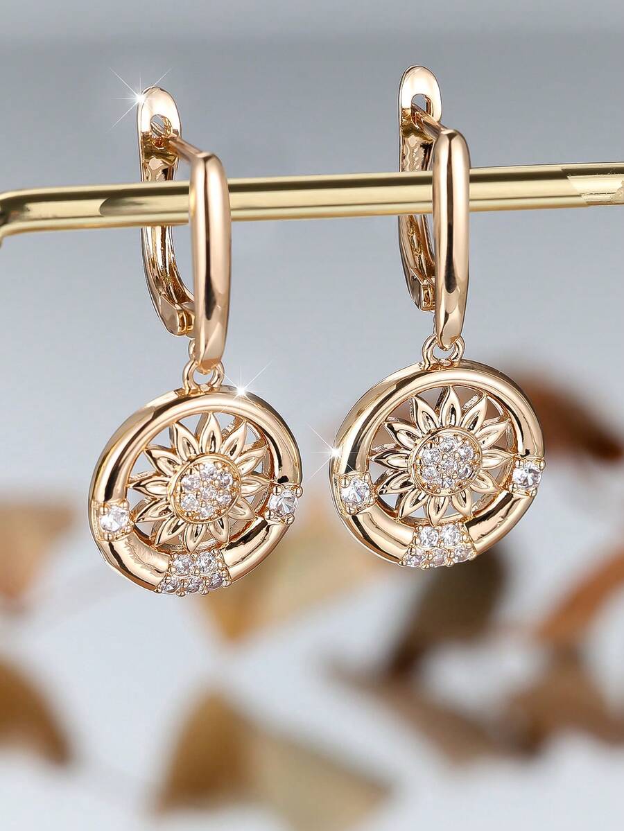 Vanel 2 件时尚向日葵设计方晶锆石镶嵌耳环，女士时尚耳环，适合女性日常佩戴 - 耳環 - 查看 1