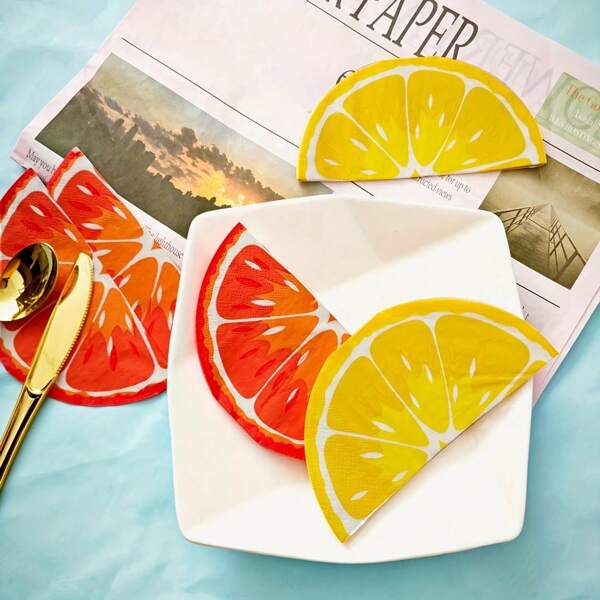20pcs Lemon Shaped Napkins, Summer Fruit Lemon Design Paper Napkins, Lemon & Citrus Fruit Tableware Set, Suitable For Summer Tropical Birthday Party Decoration