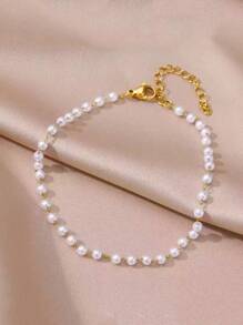 1 pieza Tobillera de acero inoxidable chapada en oro de 18K y perla falsa blanca, elegante, versátil, adecuada para vacaciones de verano en la playa