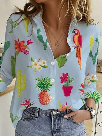 Women's Fashion New Single-Breasted Long Sleeve Parrot, Pineapple, Cactus & Feather Print Blouse
