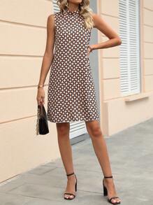 Geometric Pattern Sleeveless Casual Elegant Short Dress For Women, Office Wear (Belt Not Included)