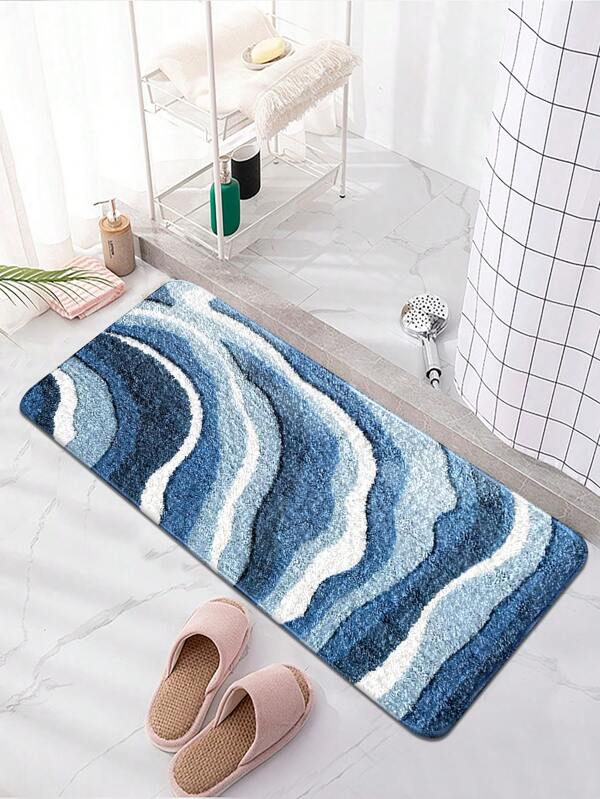 1pc Best-Selling Luxury Faux Cashmere Blue & White Wave Pattern Carpet, Modern Minimalist Ins Style Rectangular Washable Bath Mat, Soft Skin-Friendly TPR Non-Slip Bottom Kitchen Mat, Washable Welcome Doormat, Durable Bedroom Decor Small Rug, Suitable For Home, Living Room, Bedroom, Kitchen, Laundry Room, Garden, Corridor And Outdoor Decoration Rugs, Multiple Size Options, Suitable For Spring, Fall Decor, Autumn And Winter