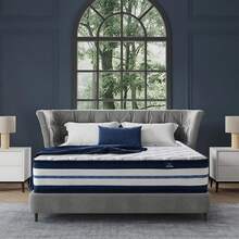 Matelas 140x200 cm Mousse à Mémoire de Forme HR + Blue Latex, Anti-acariens, Hypoallergénique, Fermeté Moyenne H3, Ergonomique, Ép 30cm, 8 Zones Mousse et Ressorts - Bleu et Blanc - Voir 1