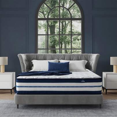 Materasso Viscoelastica 140x200 cm Memory Foam HR + Blue Latex, Antiacaro, Anallergico, Media Rigidità H3/Oeko-TEX Certificato, Ortopedico, Altezza 25cm, 8 Zona Molle Insacchettate