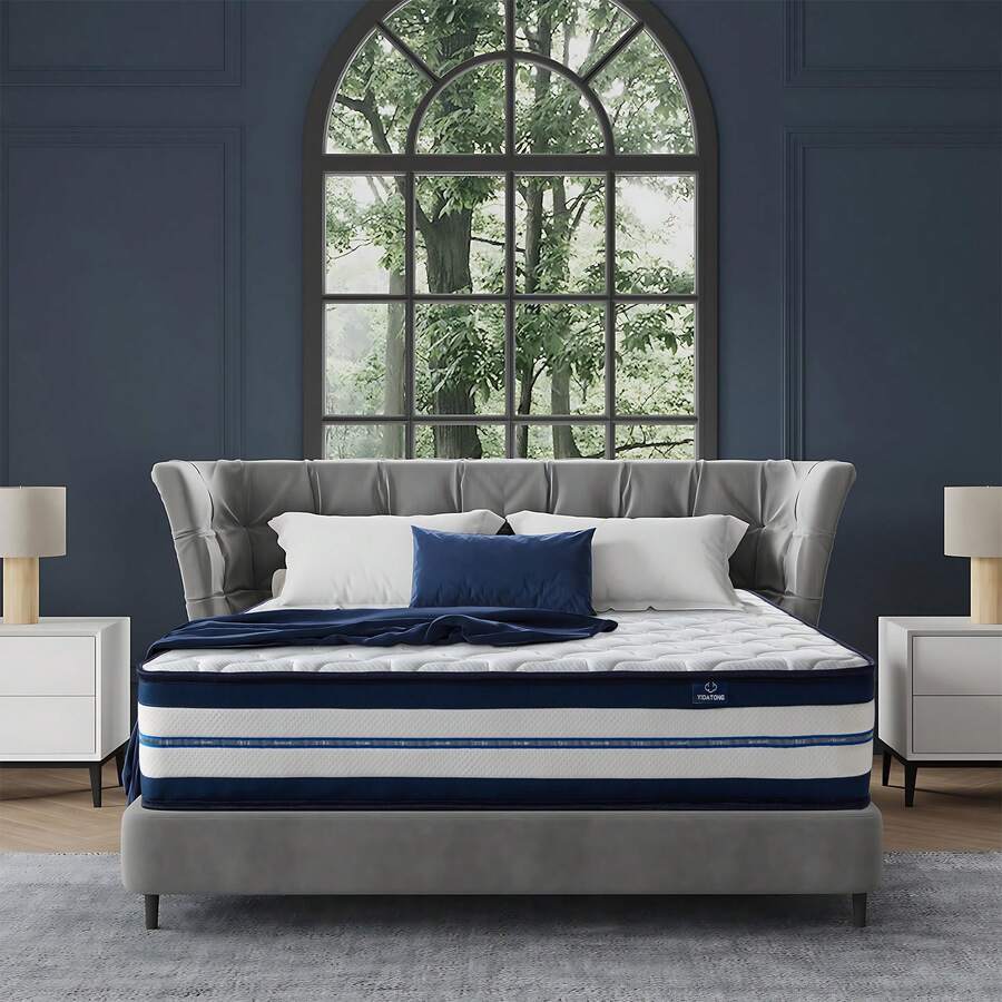 Matelas 140x200 cm Mousse à Mémoire de Forme HR + Blue Latex, Anti-acariens, Hypoallergénique, Fermeté Moyenne H3, Ergonomique, Ép 30cm, 8 Zones Mousse et Ressorts - Bleu et Blanc - Voir 1