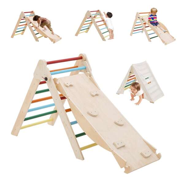 Kletterdreieck Indoor ab 1 Jahr - 3 IN 1 Montessori Holz-Klettergerüst mit Rutsche, Klettern & Zeltdach, Faltbares Stabiles Baby-Kletterspielzeug