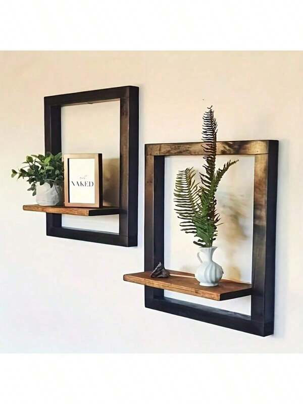 1 pieza Estantería de pared de madera vintage - Estantes de exhibición cuadrados negros y marrones para fotos, velas, flores, álbumes y plantas en maceta - Ideal para decoración de sala de estar y oficina - Montaje colgante en la pared