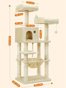 Arbre à Chat Hauteur 143 cm, Tour de Jeux pour Chat, avec 11 Poteaux à Griffer, 2 Plateformes, 1 Niche, 1 Hamac, 2 Pompons, en Tissu Peluche, Plusieurs Niveaux, Beige - Beige - Voir 6
