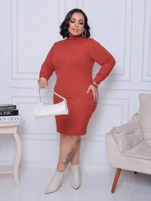 Women's Plus Size Dress Long Sleeve High Neck Elegant Premium Ribbed Fabric - Coral Pink - View 5