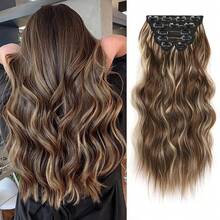 Extensiones de cabello postizas de 20 pulgadas, 4 piezas de color negro mezcla rubio, extensiones de cabello sintético suaves y largas para mujeres - Rubio miel mixto marrón chocolate - Ver 1