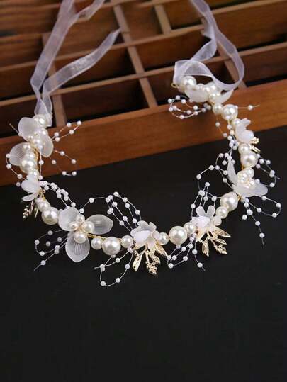 Elegant Golden Leaf Headband, Flower Wreath Pearl Hair Band Crown, Suitable For Vacation, Party, Wedding, Photography, Gift