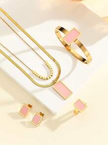 Juego de joyas de 5 piezas con collar de cadena de doble capa con cuentas cuadradas doradas de acero inoxidable, aretes, pulsera y anillo, accesorios de fiesta, juego de joyas de moda