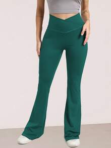 RUNONWHEELS 5 High Waist Flared Pants Daily Fitness Sports Leggings, Women Butt Lifting Yoga Leggings,Women's High-Waisted Cross Design Flared Leggings Suitable - 墨綠色 - 查看 2