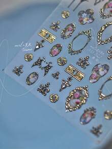 1 Sheet Metal Flower Frame Nail Art Stickers DIY Crystal Decoration Gothic Geometric Pattern Self Adhesive Slider Nail Charm Stickers - Multicolor - View 4