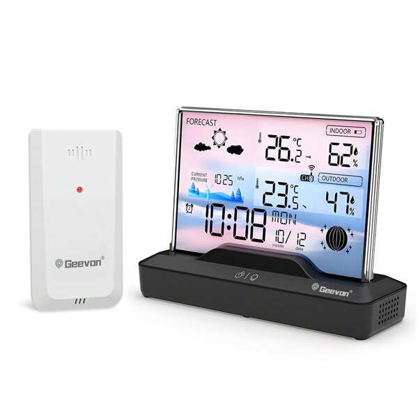 Geevon Digitales Innen- und Außen-Thermometer-Wetterstation mit 1 Sensor - Farbbildschirm, Atomuhr & Kalender, einstellbare Hintergrundbeleuchtung, USB-betrieben, RFID-Sensor, Funk-Wireless, modernes und stilvolles Design, Hausgebrauch, präzise Messung, minimalistisch