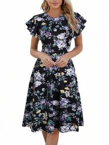 Women's Semi-Formal Ruffle Sleeve V-Back Work Fit And Flare Cocktail Knee Length Dress With Pockets, 2025 Style - Black Floral - 查看 1