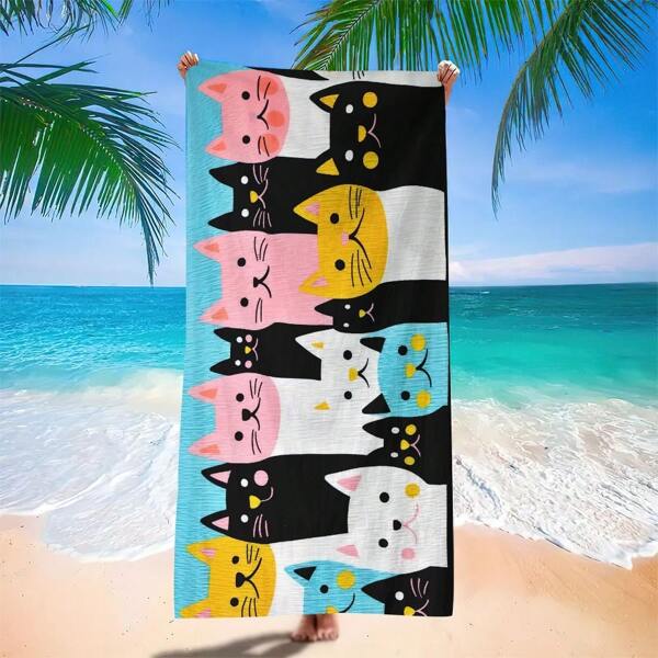 1pc Ultrafine Fiber Cartoon Cat Beach Towel Oversized Microfiber Quick Dry Sand Free Lightweight Travel Swimming Pool Yoga Towel For Adults Machine Washable Cute Design Soft Absorbent Compact Essential Gift Beach Towel
