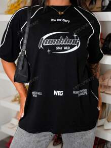 SAYEHFBABY Women's Street-Style Y2K Cool Event Letter Printed Color-Blocked Short Sleeve Black T-Shirt