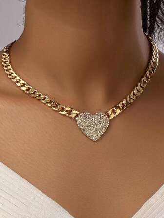 Rhinestone Heart Decor Chain Necklace