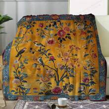 بطانية من الفِلِين ذات طبعة زهور وطيور عتيقة - ناعمة وممتعة للاستخدام على مدار السنة للأريكة والسرير والسيارة والمكتب والتخييم والسفر - ذات خلفية صفراء غنية بالتصميم النباتي التفصيلي، بطانية شتوية وصيفية | بطانية ملونة بطبعة نباتات | بطانية من البوليستر