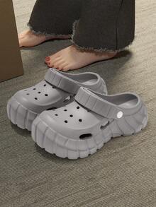 男士度假厚底镂空设计舒适透气一脚蹬凉鞋，纯色休闲家居鞋，沙滩户外拖鞋，防滑EVA，适合春夏季